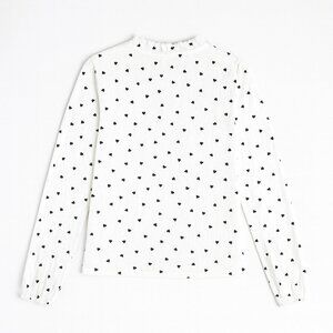 Ruffle Neck and Cuffs Long Sleeve Blouse  Women Vintage Black Hearts White Large
